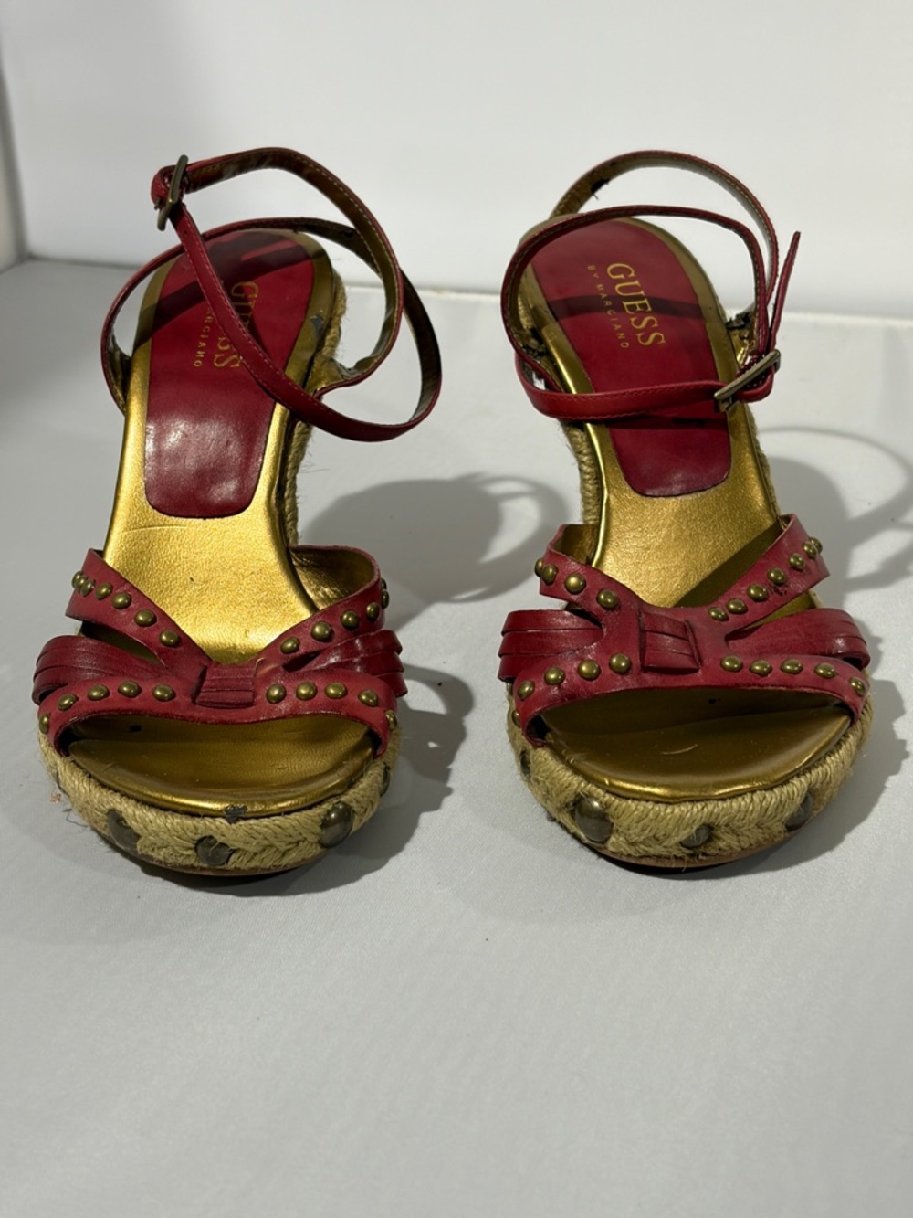 GUESS Red Studded Ankle-Strap Wedge Sandals with Gold Footbed